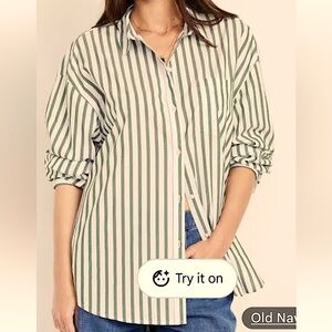 Passport Women’s (Medium) Sage & White Striped Tailored Button Down Blouse